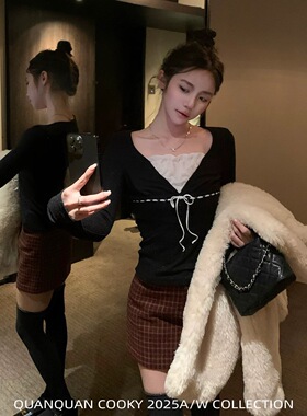 圈圈cooky 心跳引擎 秋冬氛围感立体花边拼接V领针织衫内搭上衣