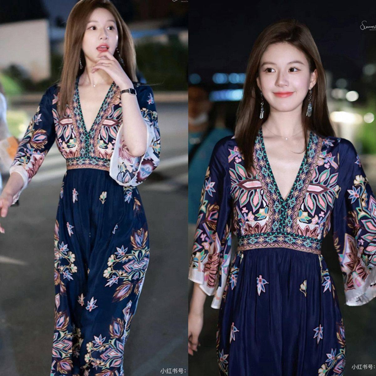 许我耀眼赵露思许妍同款衣服波西米亚民族风新中式汉服印花连衣裙