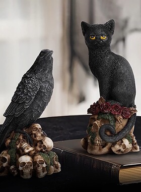 暗黑风黑猫乌鸦骷髅摆件套装哥特复古桌面装饰万圣节氛围家居摆件