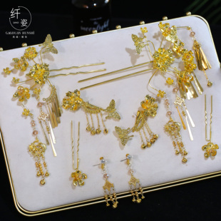 金色步摇发簪耳夹新娘头饰新中式秀禾旗袍龙凤褂汉服发饰简约气质