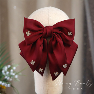 新款酒红色缎面大蝴蝶结发夹新娘敬酒服头饰高级女后脑勺气质发卡