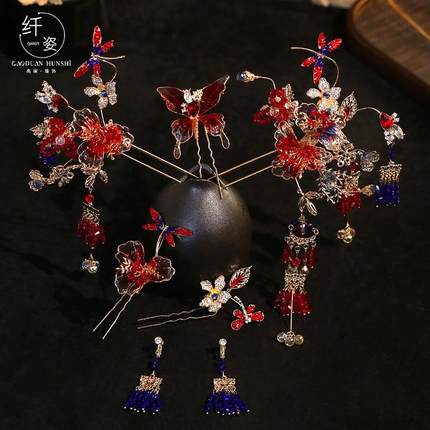 新中式秀禾服头饰红色高级2024新款新娘结婚旗袍重工发饰简约大气