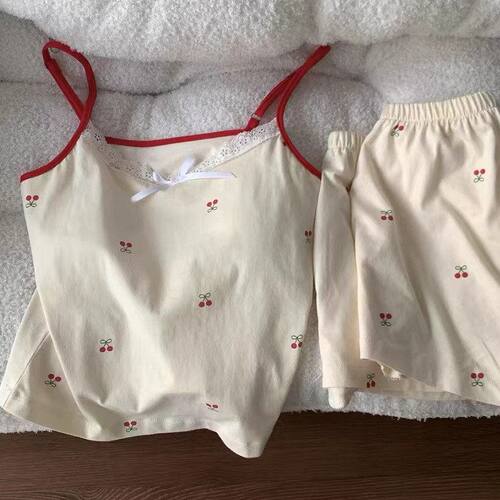 纯欲风甜美樱桃睡衣女款夏季带胸垫吊带短裤可外穿家居服跨境批发