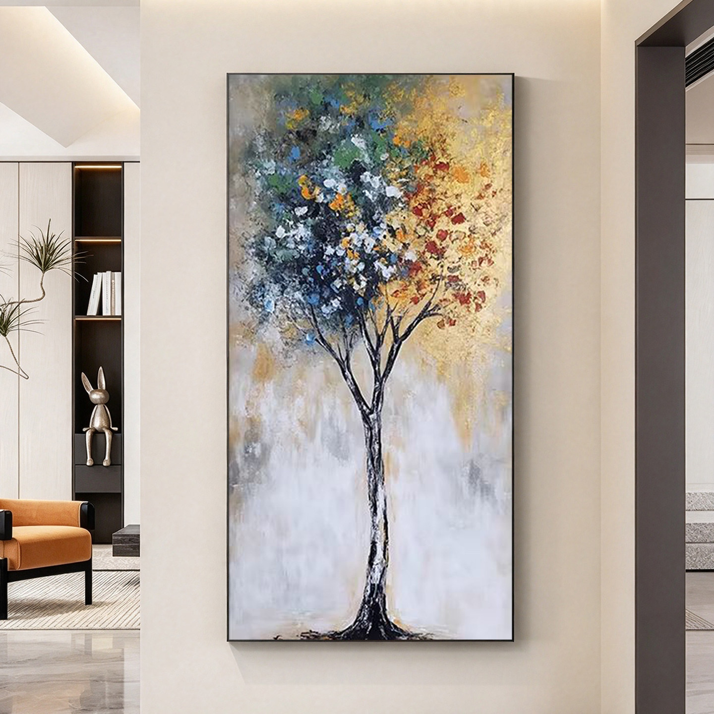 可班手绘油画四季福树玄关装饰画