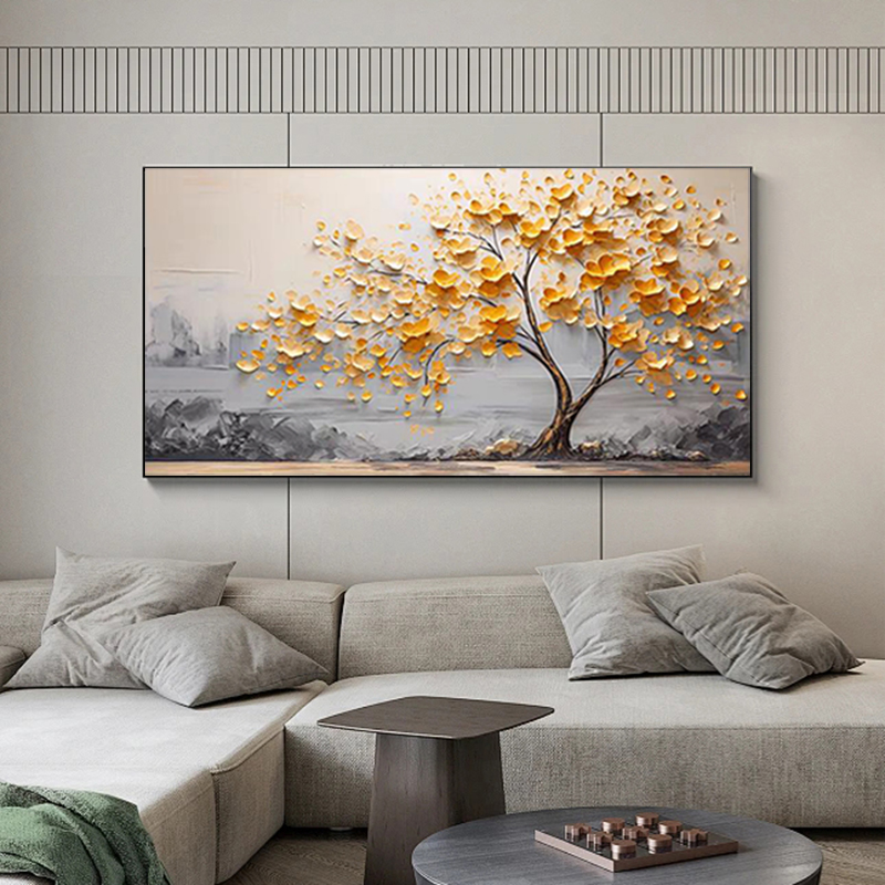 手绘油画发财树吉祥花卉印象肌理装饰画大芬村现代书房客厅挂画图片