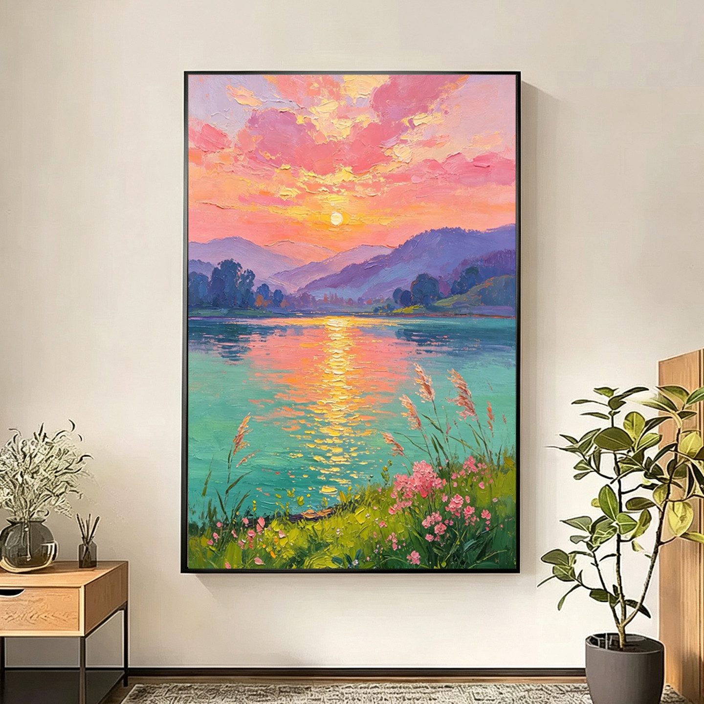 可班手绘油画绮霞映涧玄关装饰画