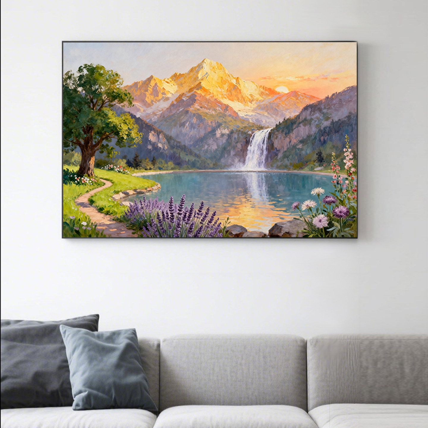 可班纯手绘油画高山瀑布轻奢装饰