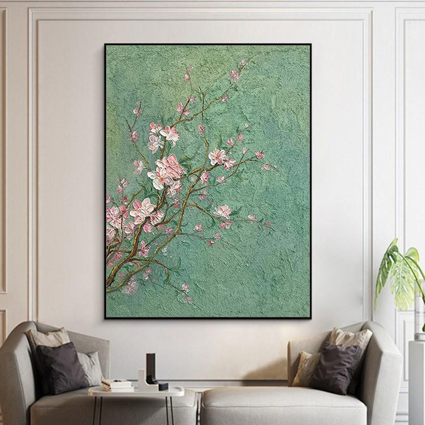 可班手绘油画新中式花卉过道挂画