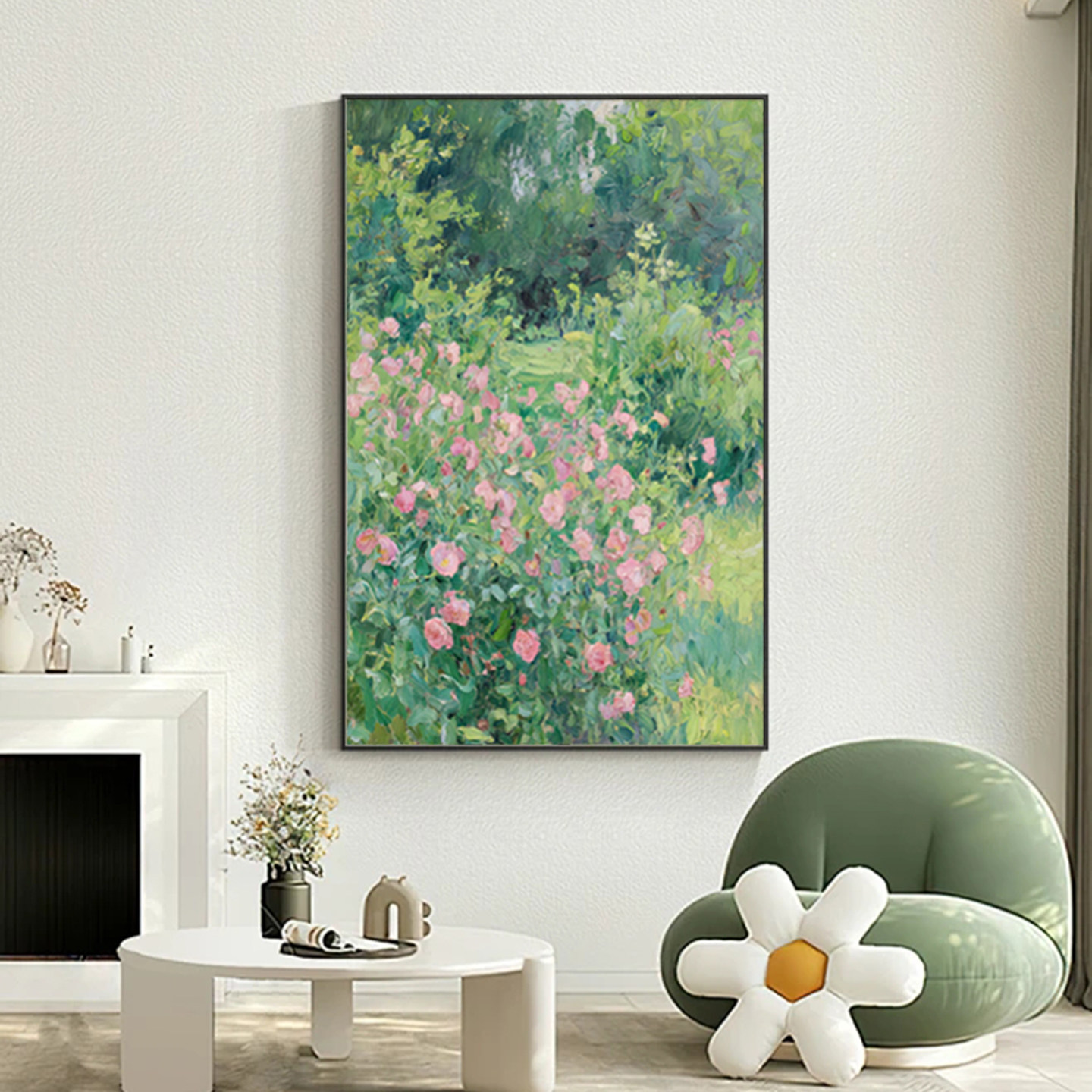 可班手绘油画绿篱花韵玄关挂画