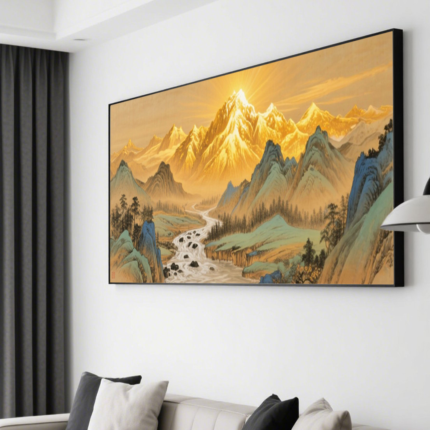可班纯手绘油画日照金山装饰挂画