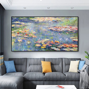 手绘油画莫奈睡莲手工风景印象派北欧玄关卧室客厅装 饰画艺术挂画