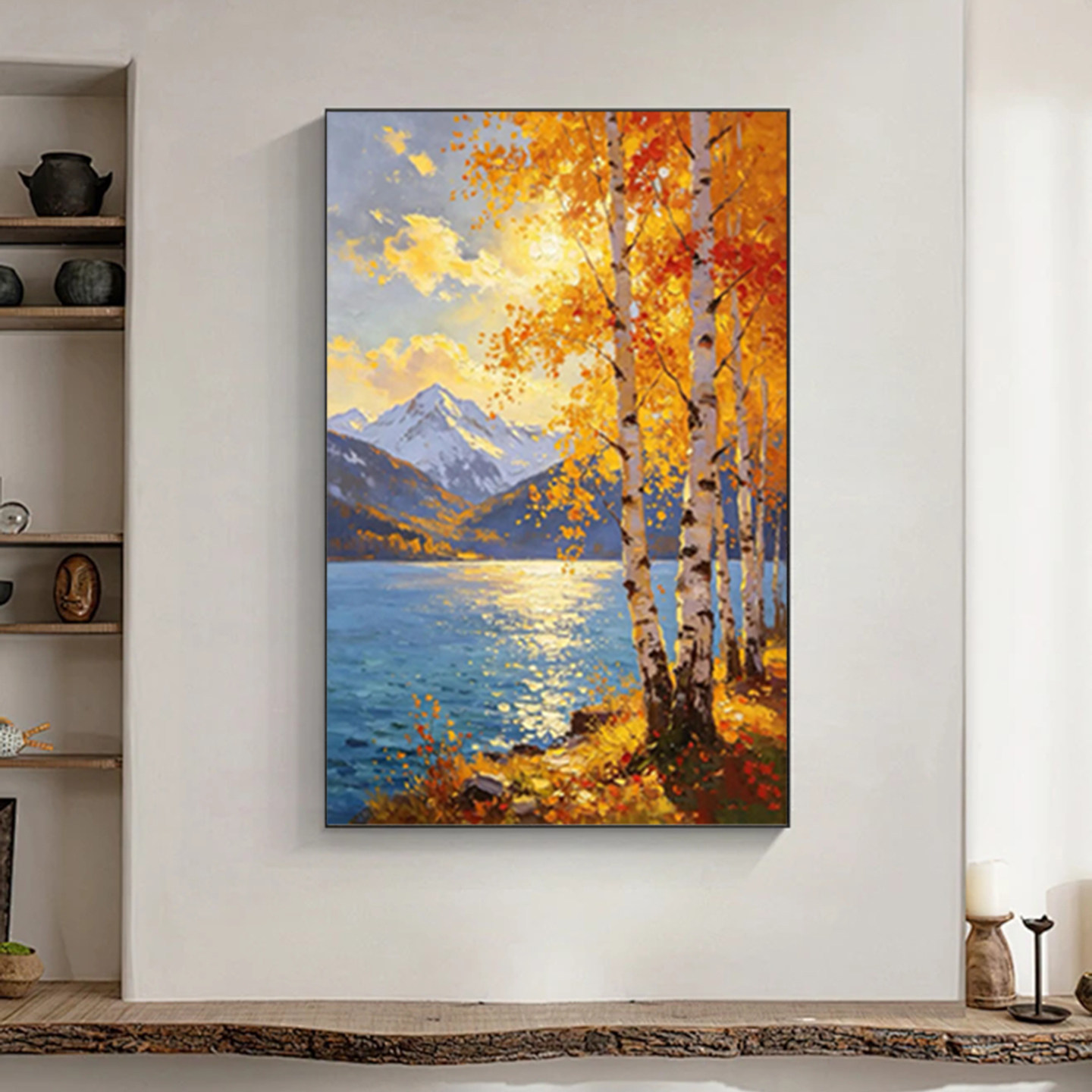 可班手绘油画秋桦湖白桦雪山壁画