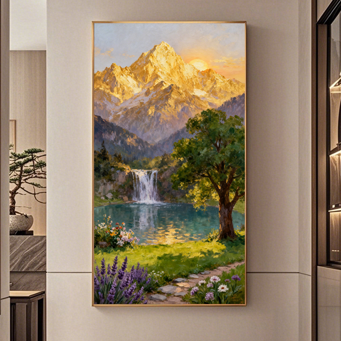 可班艺术手绘日照金山聚宝盆挂画
