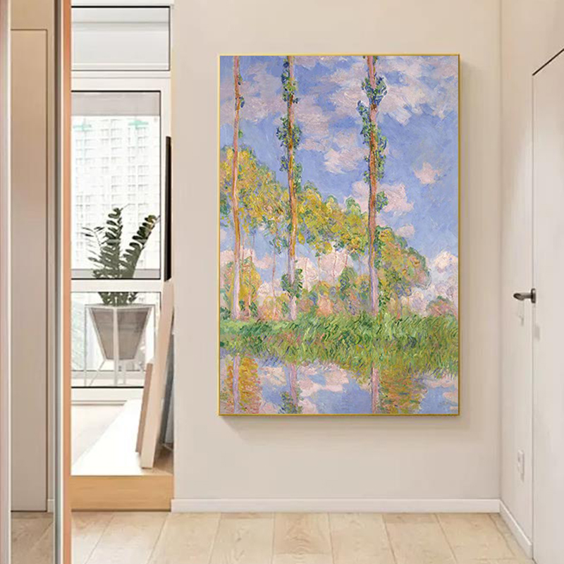 莫奈白杨树手绘油画印象画北欧艺术挂画大芬油画村玄关客厅装饰画图片
