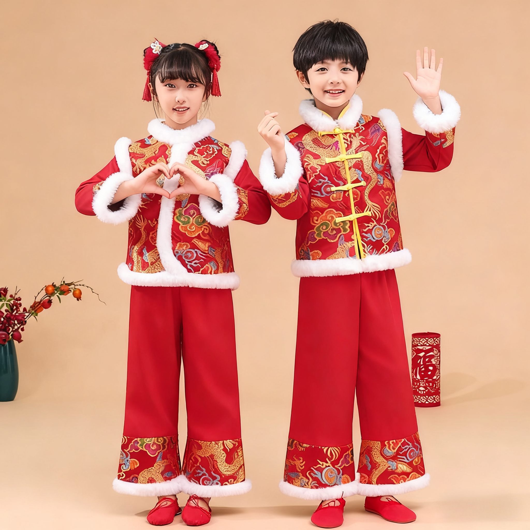 中国风儿童演出服女童红色龙纹