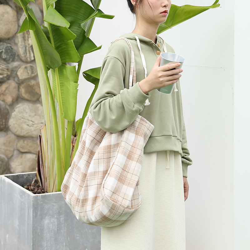 韩系百搭单肩大包帆布女呢子格子