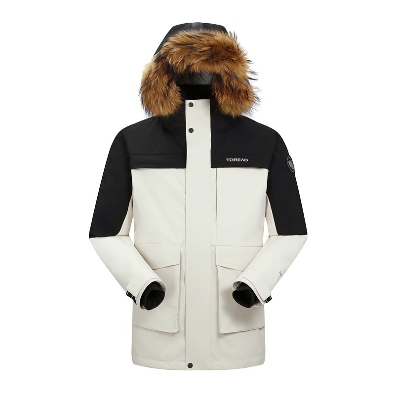 探路者鹅绒羽绒服男 冬新款毛领中长款加厚工装派克服TADDBN91868