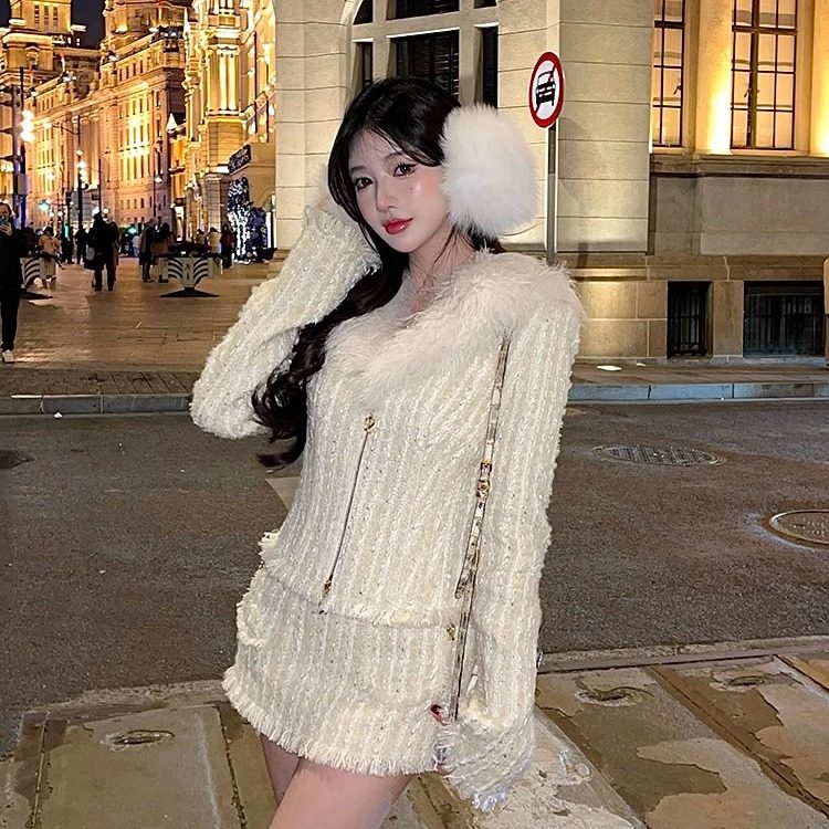 冬季新款气质套装女羊毛混纺小香粗花呢毛领外套半身裙