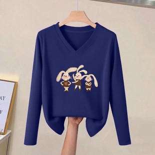 打底衫 专柜纯棉宽松百搭气质高级感V领T恤上衣女春秋新品 秒杀 特价