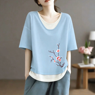 意大利出口纯棉撞色U领休闲短袖 简约高级减龄显瘦上衣潮 T恤女夏季