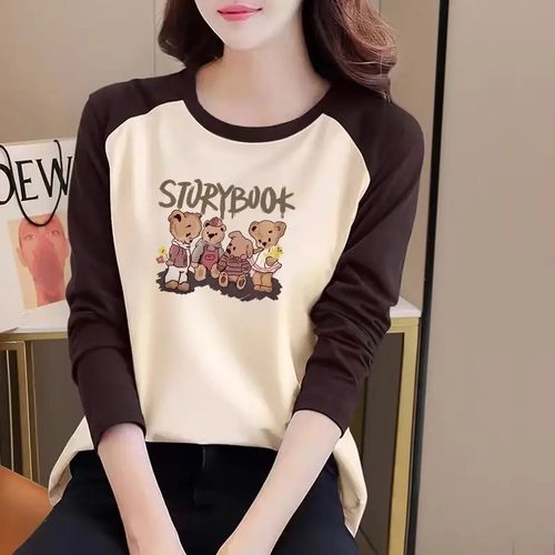 100%纯棉洋气拼色长袖t恤女