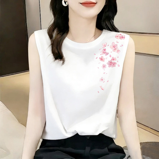 T恤上衣 休闲内搭宽松打底衫 外贸出口洋气印花无袖 吊带背心女夏季