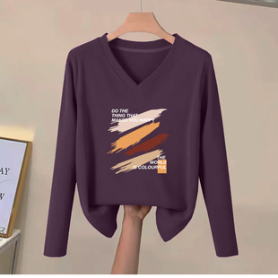 上衣潮 洋气减龄内搭打底衫 品牌专柜出口100%纯棉V领长袖 t恤女秋季