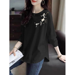 专柜外贸出口纯棉圆领休闲大码 T恤女文艺减龄百搭设计感打底上衣