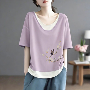 文艺气质休闲显瘦上衣 T恤夏季 外贸出口清仓女装 纯棉撞色百搭短袖