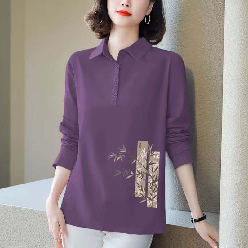 外贸品牌正品纯棉POLO领长袖T恤女春秋文艺减龄百搭竹子印花上衣,女装/女士精品,POLO衫,淘宝优惠券,粉丝福利购,淘宝优惠卷