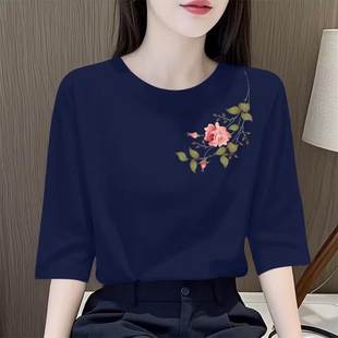 上衣气质印花文艺圆领T恤衫 外贸专柜高端女装 休闲复古纯棉七分袖