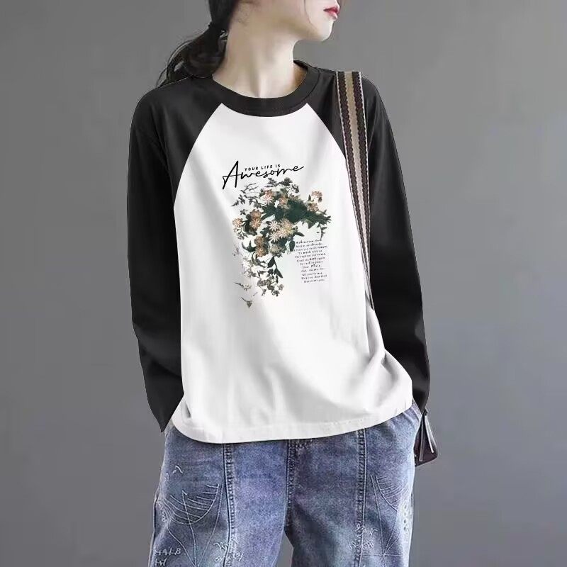 大牌出口100%纯棉拼色长袖T恤女春秋文艺显瘦百搭休闲小个子上衣