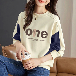 卫衣女 减龄长袖 意大利出口纯棉圆领拼接大码 显瘦上衣2026春秋时尚