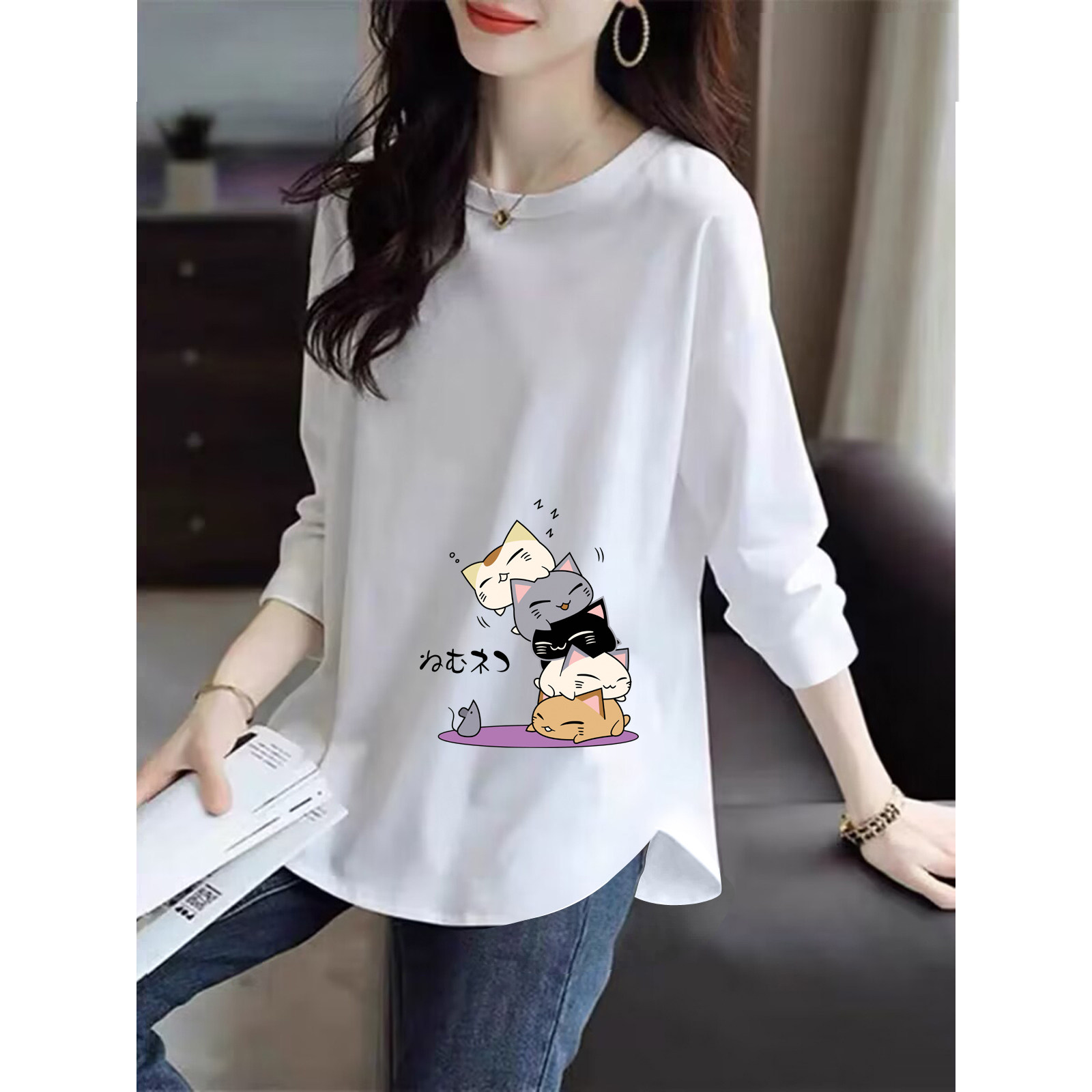 反季特价专柜女装100%纯棉圆领长袖T恤春秋文艺减龄百搭打底上衣,女装/女士精品,大码内搭,淘宝优惠券,粉丝福利购,淘宝优惠卷