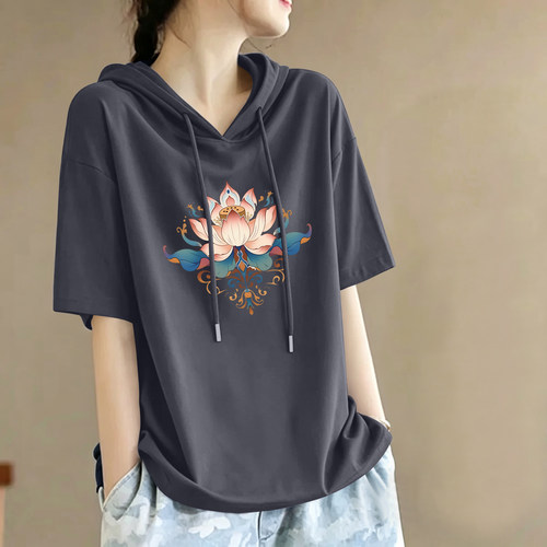 100%纯棉时尚连帽短袖T恤女