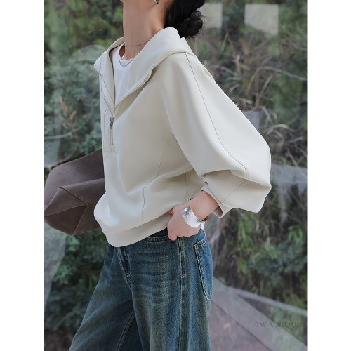 JWUNIQUE酒窝杏色连帽半拉链纯色卫衣女2026春秋宽松套头外套上衣