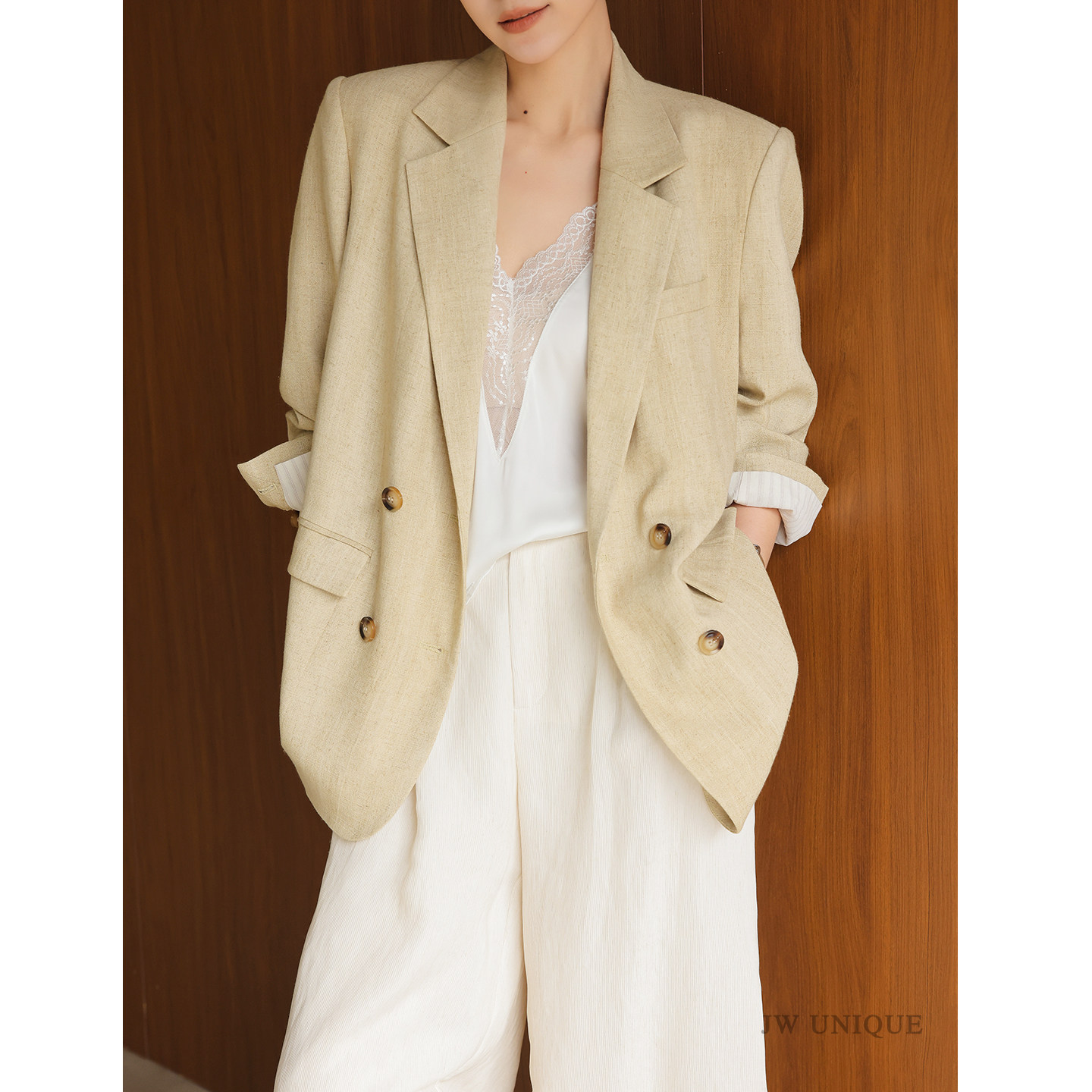 JWUNIQUE酒窝 风杏雅裁 黄杏色春秋宽松休闲西装高级感通勤外套女