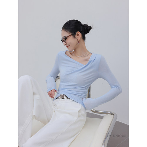 JWUNIQUE斜领长袖T恤女上衣