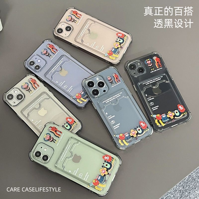 卡套适用苹果14手机壳iphone15promax透明12卡包DIY情侣11保护套8plus全包xr防摔可爱幽灵怪兽13华为安卓插卡