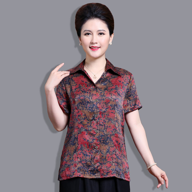 中老年真丝衬衫女正宗香云纱上衣妈妈夏装短袖莨绸桑蚕丝衬衣小衫