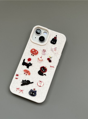 iphone13手机壳创意个性玄猫可爱卡通黑色小猫贴纸小众可降解小麦秸秆环保白色夏天女款苹果16promax保护套