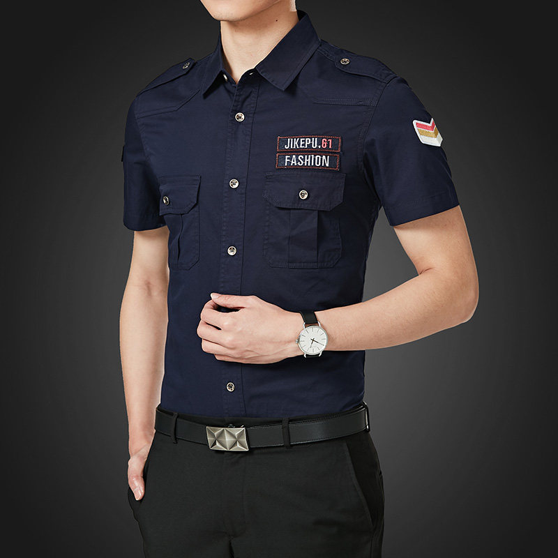 春夏纯棉短袖衬衫男蓝色修身多口袋硬汉2023青年学生战地工装衬衣
