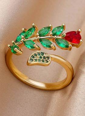 Zircon Flower Leaf Rings for Women Shine Opening Stainless S