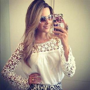 lace temperament sleeved fashion hollow shirt long neck