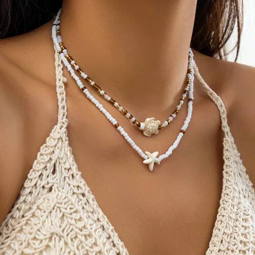 Boho Beaded Layered Necklace with Starfish & Turtle Charms S