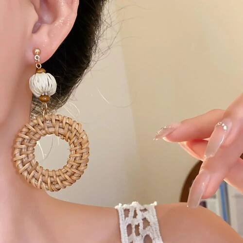 Cute Round Rattan Weave Earrings Wood Circular Bohemian Drop