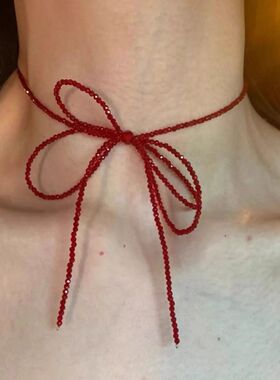 Vinage Red Crysal Bead Bow Necklace for Women Girls Swee Coo