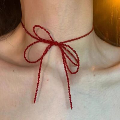 Vinage Red Crysal Bead Bow Necklace for Women Girls Swee Coo