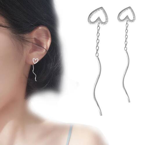 Simple Hollow Silver Color Love Heart Long Tassel Ear Line W