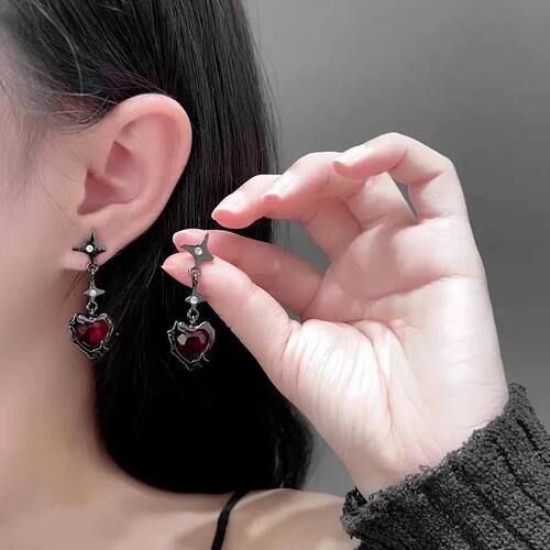 Goth Liquid Heart Cross Star Pendant Earrings Y2K Red Zircon